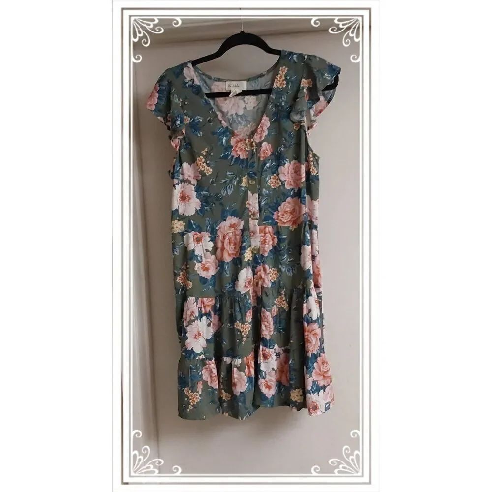 Pretty BLUE DAHLIA Green & Peach Babydoll Mini Dress Sz Large